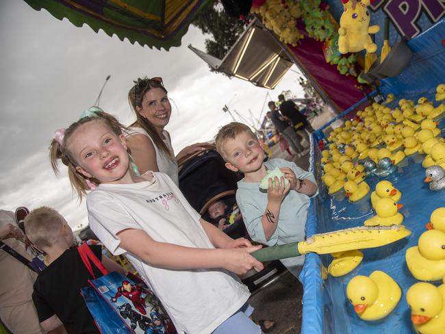 Hailey and Teddy Versteegen enjoying a sideshow at the 2024 Swan Hill Show Picture: Noel Fisher.