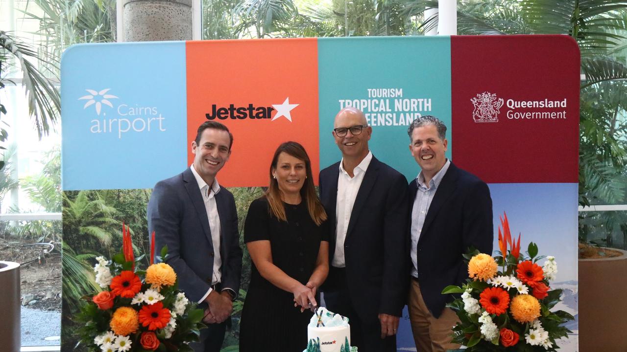Chad Anderson, Deputy Director-General for Tourism, Jetstar Executive Manager, Customer, Jenn Armor, Cairns Airport chief executive Richard Barker and Tourism Tropical North Queensland chief executive Mark Olsen celebrate the launch of Jetstar’s new route from Cairns to Christchurch. Picture: Molly Frew