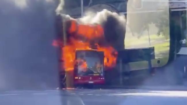 Passengers had to leap from the burning bus. Picture: https://twitter.com/CSWherrett/status/1348525772147806210