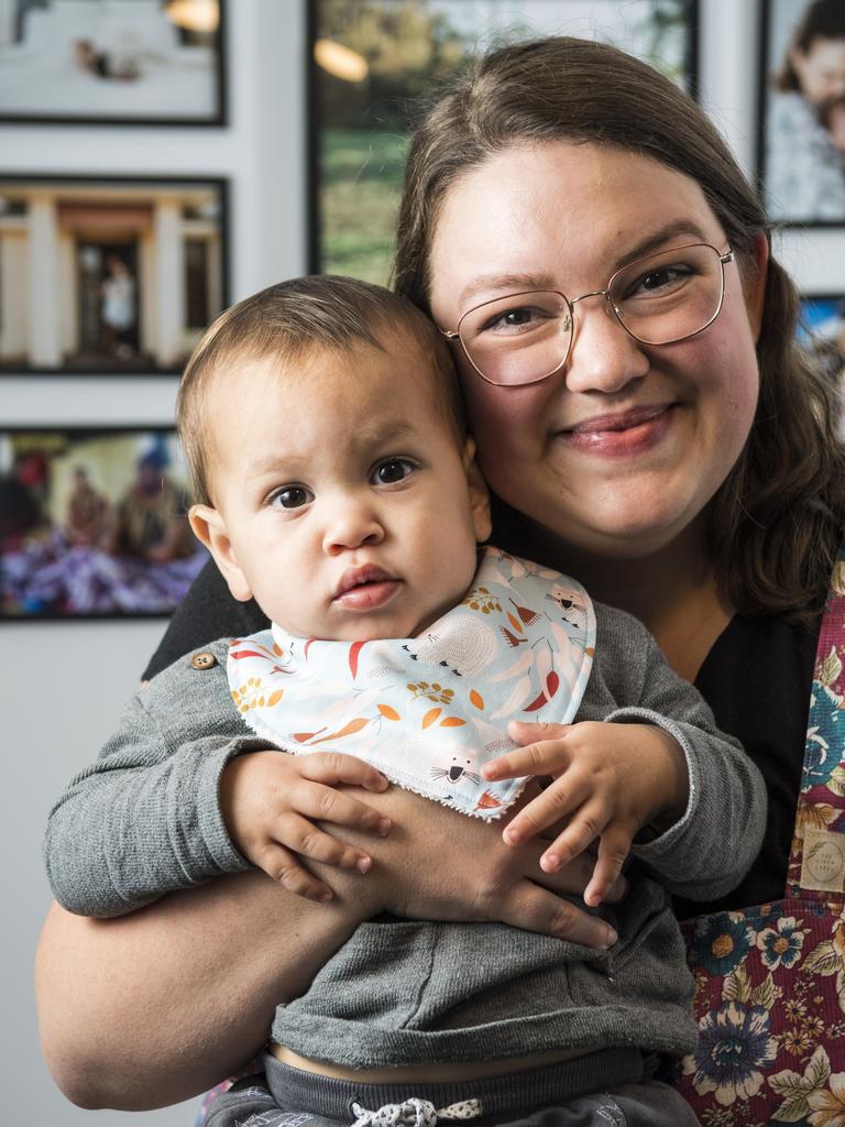 The Linen Label owner Hannah Thomas and son Malachi model her handmade pieces for mum, bub and home. Picture: Kevin Farmer