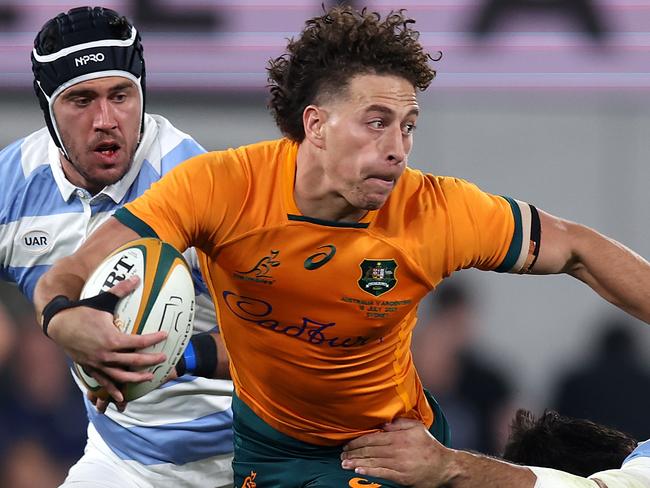 SYDNEY, AUSTRALIA - JULY 15: Mark Nawaqanitawase of the Wallabies is tackled during The Rugby Championship match between the Australia Wallabies and Argentina at CommBank Stadium on July 15, 2023 in Sydney, Australia. (Photo by Scott Gardiner/Getty Images)