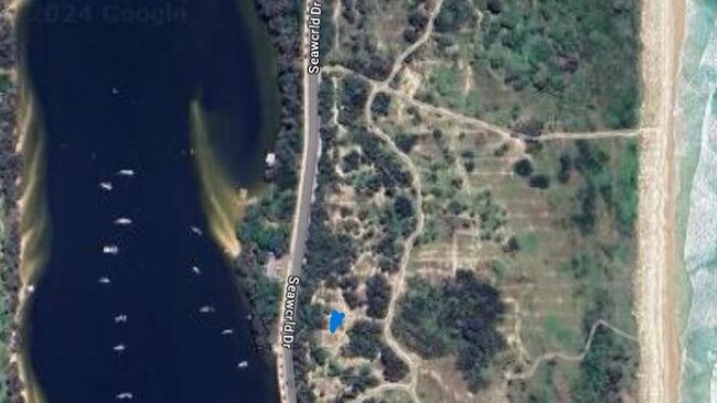 The location (shaded in blue) where the doof doof party took place at The Spit off SeaWorld Drive in an irrigation area that is part of Federation Walk.