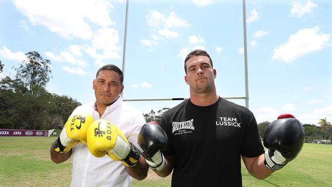 Justin Hodges and Darcy Lussick ahead of their fight on Friday night. Picture: Annette Dew