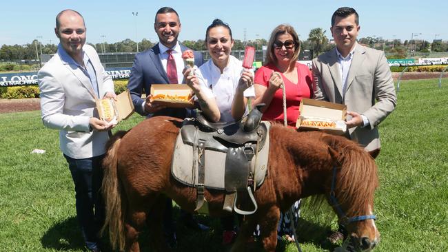 <s1>Rees Birk from Long John's Hot dogs, organiser Alex Maniatis, Francesca Cavallari with gelato from Dolce Bacio, organiser Krissy Spanos and Paul Angeloski with Spiro from Hawesbury Pony Express. Picture: Ian Svegovic</s1>                        <source/>