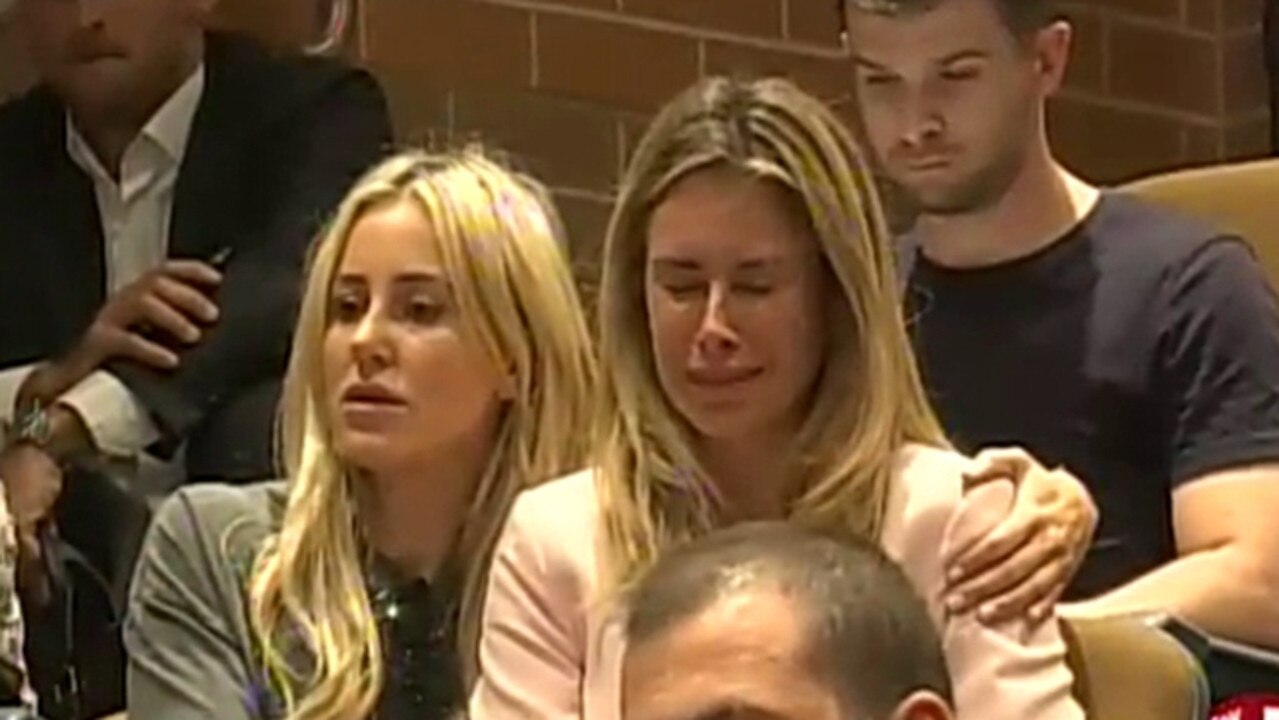 Candice Warner in tears at her husband David Warner's ball tampering press conference. Candice is comforted by Roxy Jacenko.