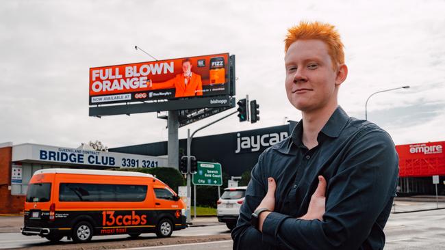 Jayden’s mop of distinctive red hair now stands out on 20 billboards around southeastQueensland on Hard FIZZ ads. Picture: Contributed