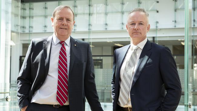 Nine CEO Hugh Marks with Chairman Peter Costello at the Nine AGM in November. Picture: John Feder