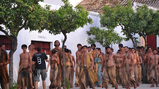 Extras acting in Game of Thrones leave the bullring in Spain.