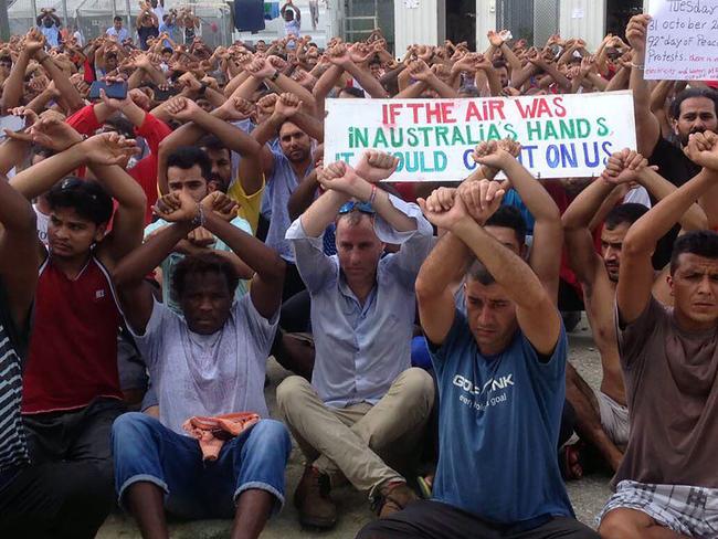 Australian Greens Senator Nick McKim joins refugees protesting inside the Manus detention camp. Picture: AFP photo/Nick McKim