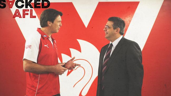 SACKED podcast 2024: Paul Roos discusses the motivation of Andrew Demetriou’s ‘ugly’ comments in Sydney’s 2005 flag season.