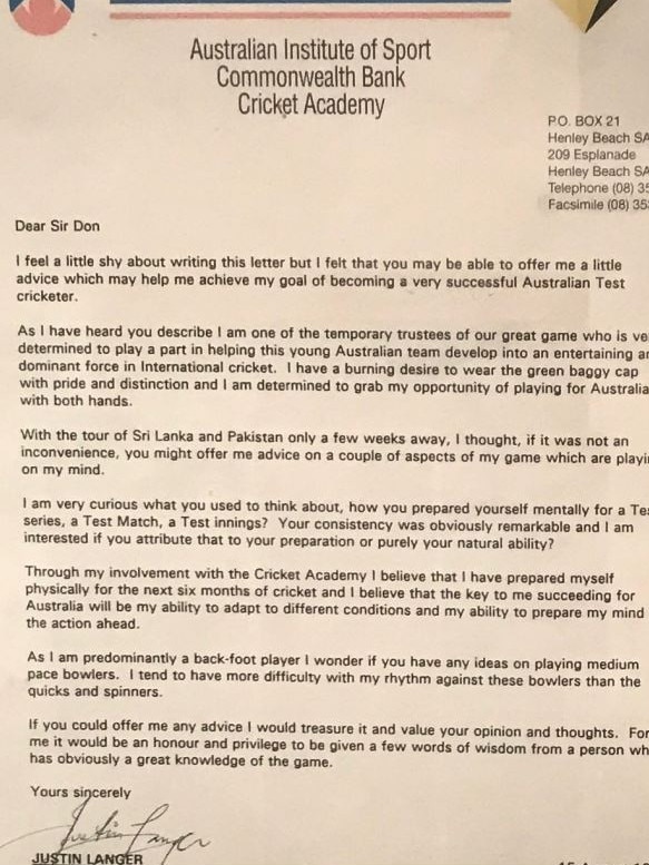 Justin Langer's letter to Sir Donald Bradman in 1994