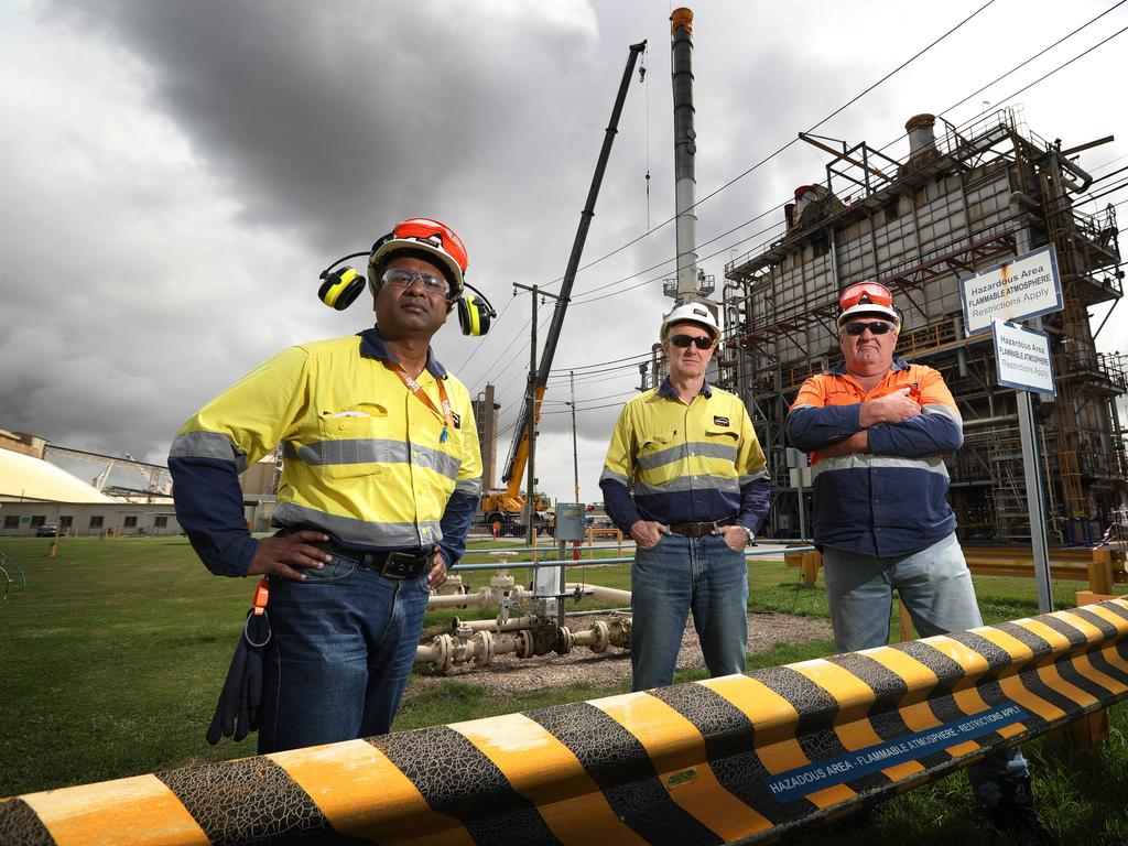 18/10/2018: Incitec Pivot workers (L-R) Biplab Halder, Steve McGuire and Michel workers inside Incitec Pivot's Gibson Island ammonia plant, Murarrie, Brisbane .The plant can't find any gas supplies for 2020-21 which may force the facility to shut down. Lyndon Mechielsen/The Australian