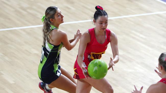 Action from the QGSSSA netball match between Somerville House and Moreton Bay College. Picture: Tertius Pickard