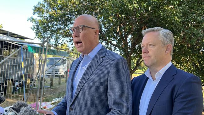 Peter Dutton and Cameron Caldwell campaigning on the Gold Coast in Fadden on Thursday, July 13, 2023. Picture: Andrew Potts.