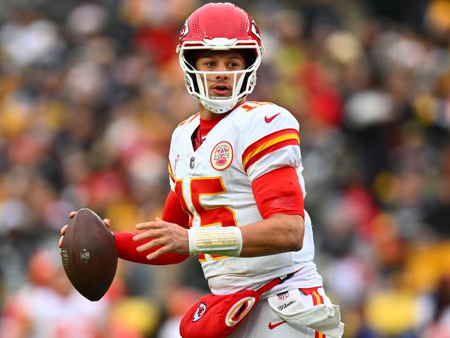 Patrick Mahomes eyes off a pass. Picture: Joe Sargent/Getty Images