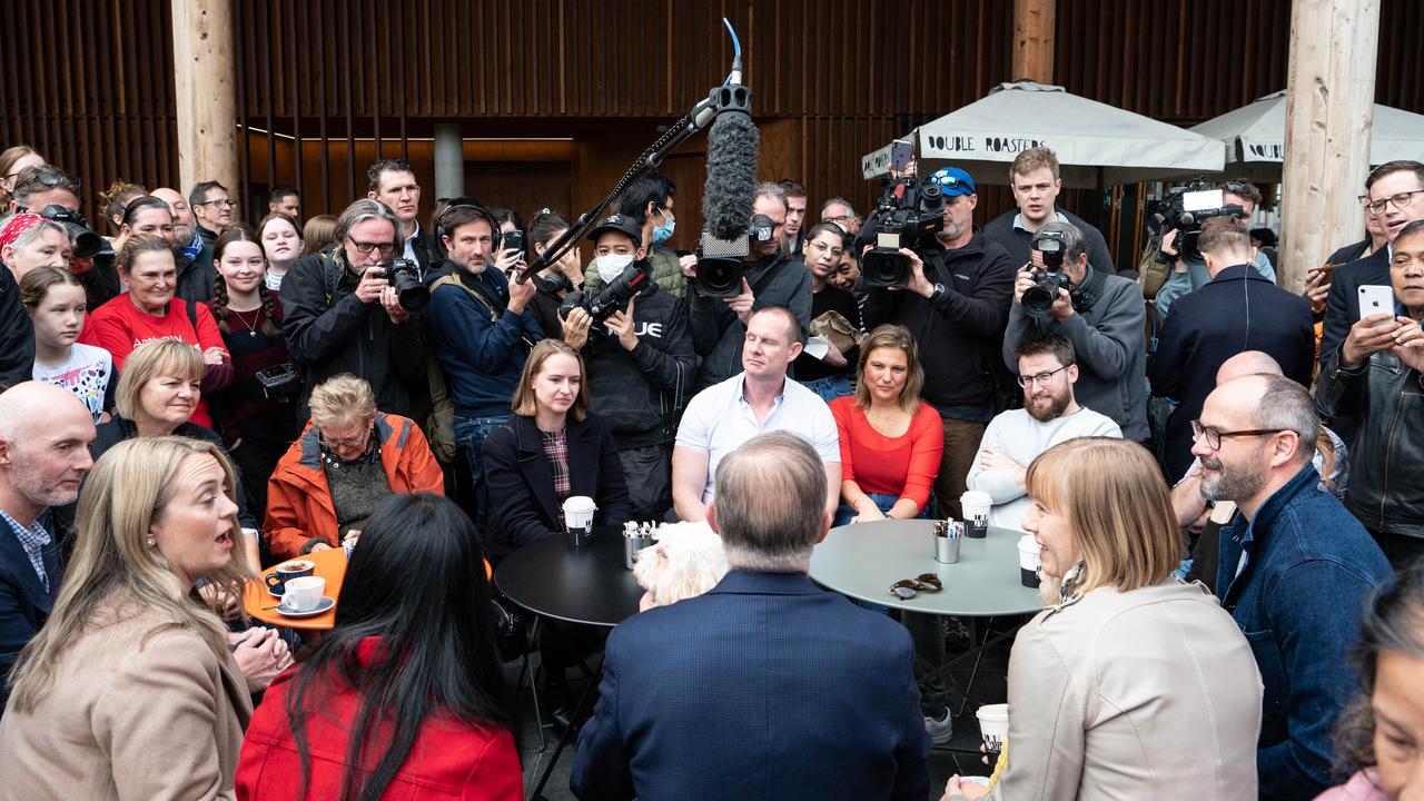 Mr Albanese surrounded at the Marrickville library. Picture: Flavio Brancaleone