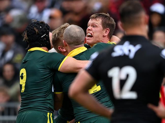 Lindsay Collins celebrates scoring the opening try of the Test. Picture: NRL