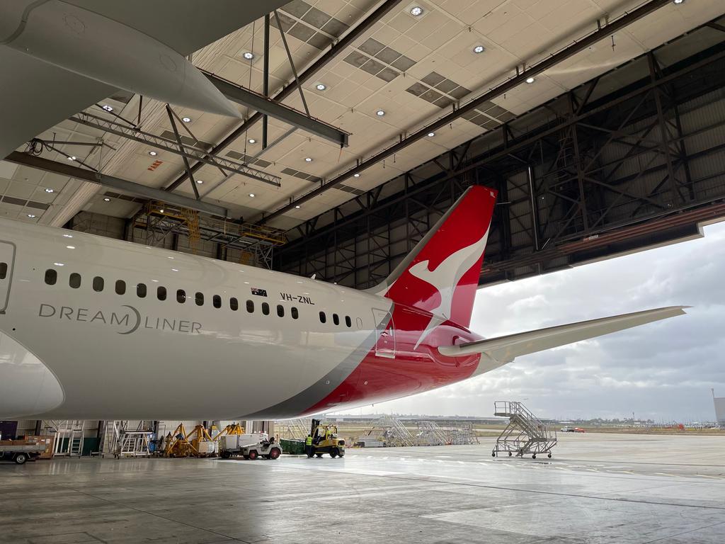 Qantas’ Boeing 787-9 Dreamliner is out of a storage facility in California and back in Australia. Picture: Qantas