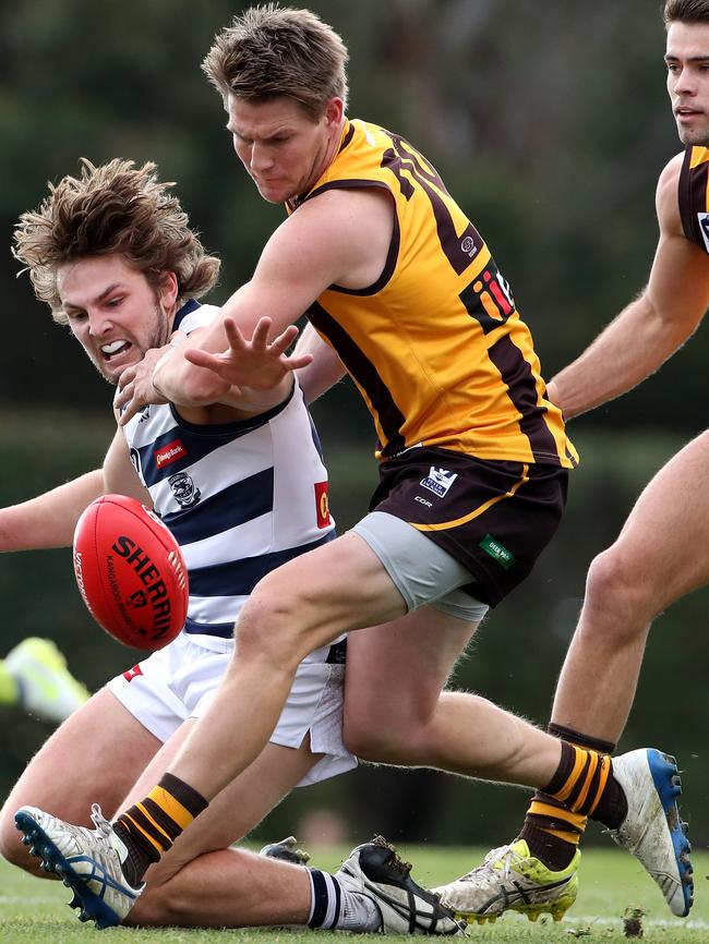 Sam Gibson competes for the ball while playing for Box Hill last year. Picture: Mark Dadswell