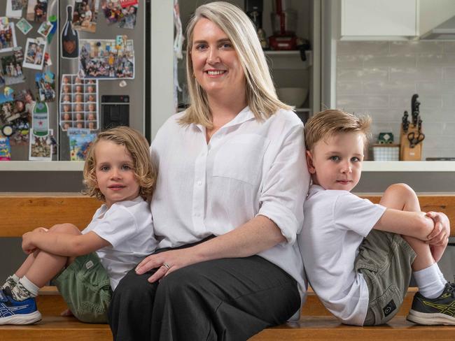 Lucy Range and with her sons Conor, 3 and Sebastian, 6 will finally get her risk-reducing mastectomy next week after an almost two-year wait. Picture: Brad Fleet