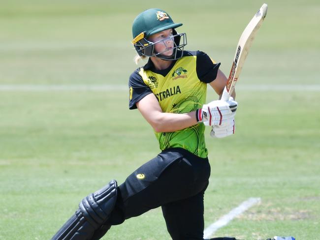 Captain Meg Lanning was in fine touch during the T20 World Cup warm-up match between Australia and South Africa at Karen Rolton Oval. Picture: AAP/David Mariuz