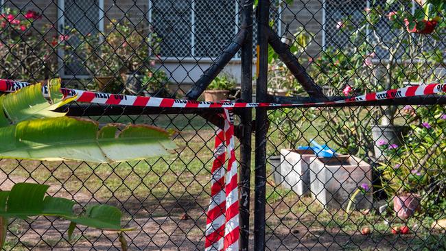 NT Police is investigating the shooting deaths of two Top End residents in Millner and Karama. Pictured is the crime scene established on Sprigg St, Millner. Picture: Pema Tamang Pakhrin