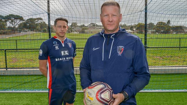 South Adelaide player Robbie Parker and coach Andrew Calderbank, whose club is another to request a freeze on council venue rent. Picture: AAP/Brenton Edwards