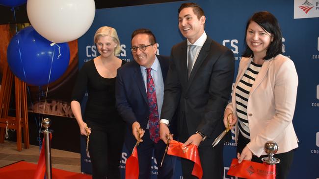 Dendy Cinemas national operations manager Kathryn Craig, Aldi’s property director Marco Deininger and operations director Matthew Bruggy and Frasers Property general manager retail assets Felicity Armstrong cut the ribbon at the grand opening of Coorparoo Square.