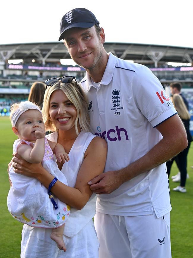 Stuart Broad of England with partner Mollie King and their daughter Annabella following Day Five. Picture: Getty Images.