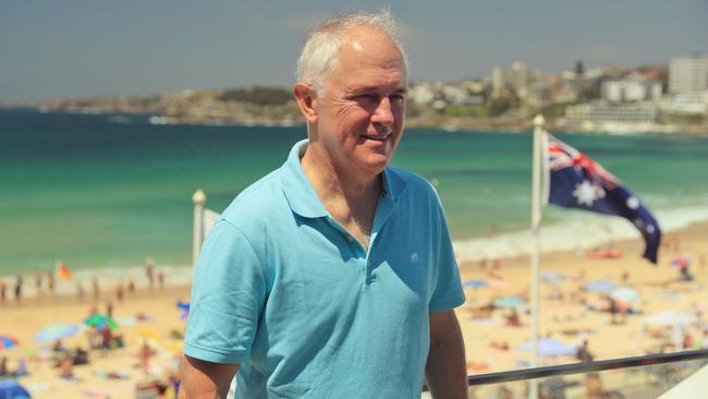 Then prime minister Malcolm Turnbull at Bondi Beach after announcing an increase in funding for Surf Life Saving Australia in 2018.