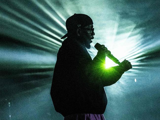 (FILES) In this file photo taken on June 28, 2023, US rapper Kendrick Lamar performs on the Orange Stage during Roskilde Festival 2023 music festival. It has been announced that Lamar will be headlining the 2025 Super Bowl Halftime Show. (Photo by Helle Arensbak / Ritzau Scanpix / AFP)