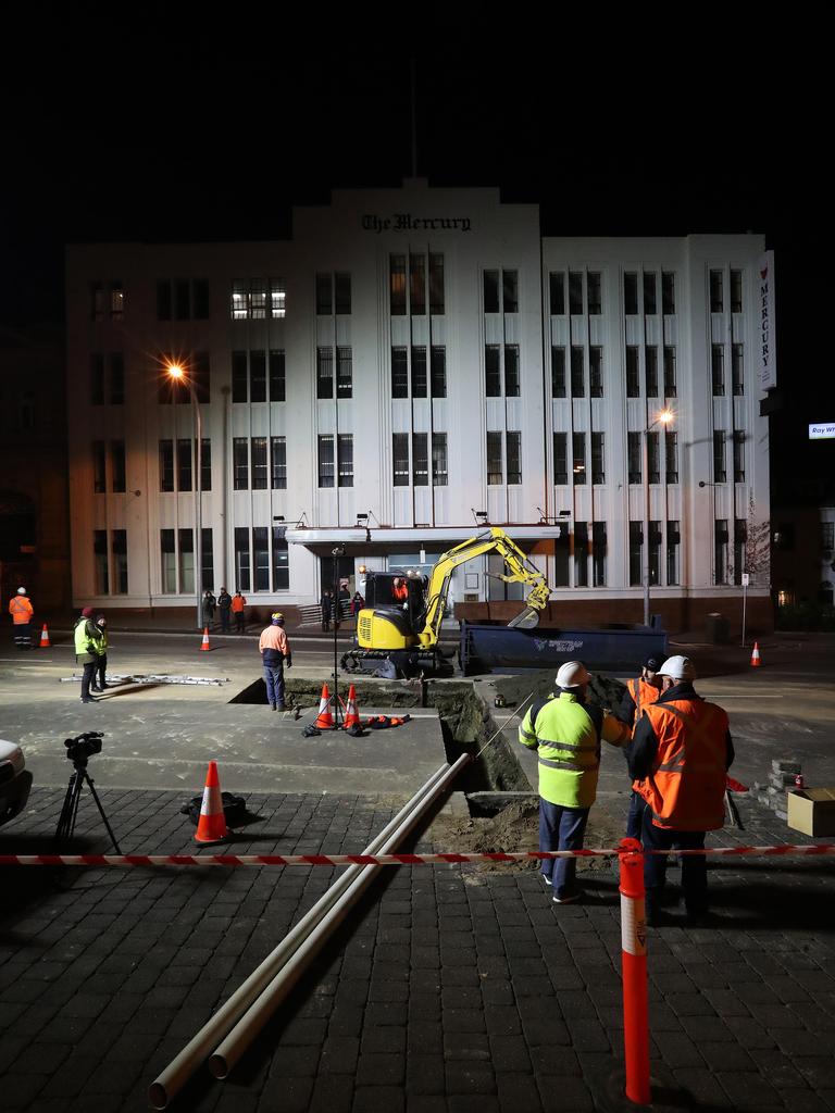 Work in Macquarie Street Hobart on the hole that will house the chamber performance artist Mike Parr will live in for 72 hours during Dark Mofo. Picture: NIKKI DAVIS-JONES