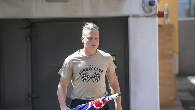 Nathan Bull on bail is seen leaving the Adelaide Magistrates Court.