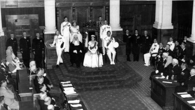 Queen Elizabeth II performs the ceremonial opening of parliament at Parliament House, Adelaide, on March 23, 1954.