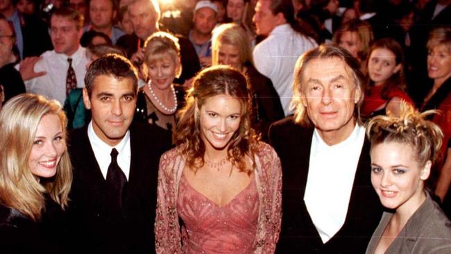 1997: Australasian premiere of film 'Batman and Robin' at Warner Bros Movie World, Gold Coast. Celine Balitran, George Clooney, Elle MacPherson, Joel Schumacher and Alicia Silverstone.