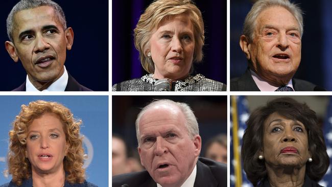 Targets so fare are: (Clockwise rom top left): Barack Obama, Hillary Clinton, philanthropist  George Soros, Democrat Debbie Wasserman Schultz,,  former CIA director John Brennan and California Democratic Representative Maxine Waters. Picture: AFP.