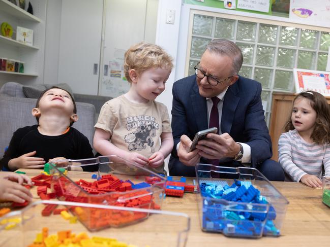 CANBERRA, AUSTRALIA - NewsWire Photos FEBRUARY 9, 2023: L-R: Leonardo Sharma, Bradley Gosper, Prime Minister, Anthony Albanese and Olivia Castrisson.Prime Minister, Anthony Albanese with the Minister for Education, Jason Clare, the Minister for Early Childhood Education, Dr Anne Aly and Alicia Payne, the Member for Canberra during a visit to the Manuka Childcare Centre.Picture: NCA NewsWire / Gary Ramage