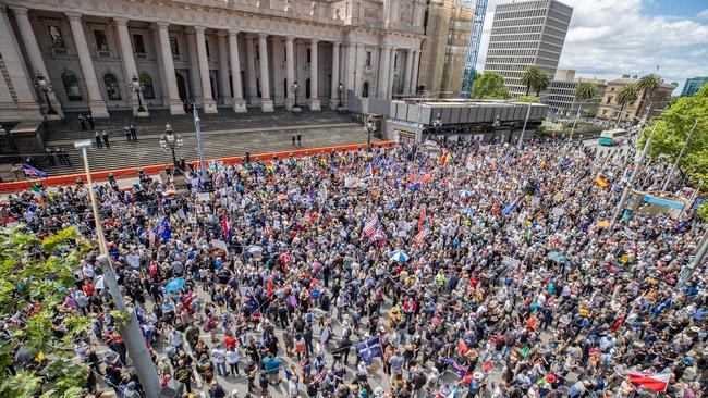 A huge crowd gathered in the city on Saturday for the ‘Freedom Rally’ protesting against the pandemic Bill. Picture: Jason Edwards