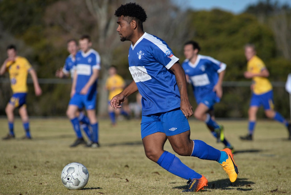 Patrick Manu of Rockville against USQ FC in Toowoomba Football League Premier Men round 14 at Captain Cook Reserve Des McGovern oval, Sunday, June 24, 2018. Picture: Kevin Farmer