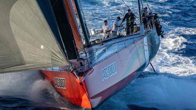 This handout photograph taken on December 26, 2022 and released by Rolex shows yacht Andoo Comanche heading towards Hobart during the 2022 Sydney to Hobart yacht race. (Photo by Andrea Francolini / ROLEX / AFP) / --- RESTRICTED TO EDITORIAL USE - MANDATORY CREDIT "AFP PHOTO / ROLEX/ ANDREA FRANCOLINI" - NO MARKETING NO ADVERTISING CAMPAIGNS - DISTRIBUTED AS A SERVICE TO CLIENTS ---