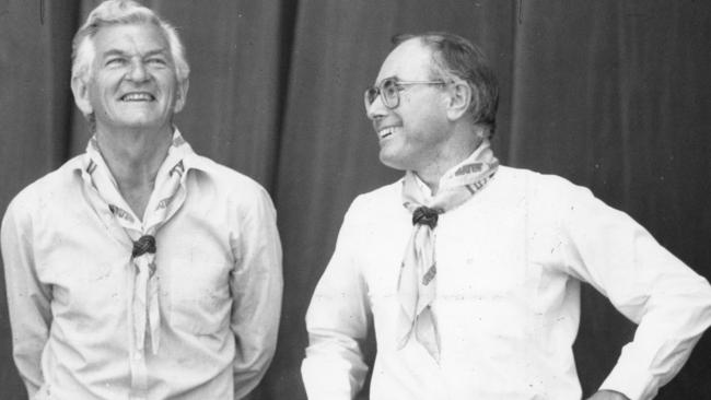 Prime Minister Bob Hawke and Leader of the Opposition John Howard at a Scouts Jamboree in January 1989. They worked together to reform the economy. Picture: News Corp