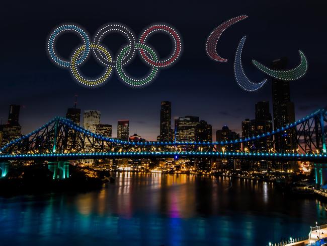 ATTENTION ATTENTION DO NOT USE CONTACT COURIER-MAIL PIC DESK BEFORE USE.......This image is embargoed through to 12:01am this Sunday 9 July 2023...... An ‘artist impression of the Olympic Rings and Paralympic Agitos’ above the Brisbane Story Bridge.