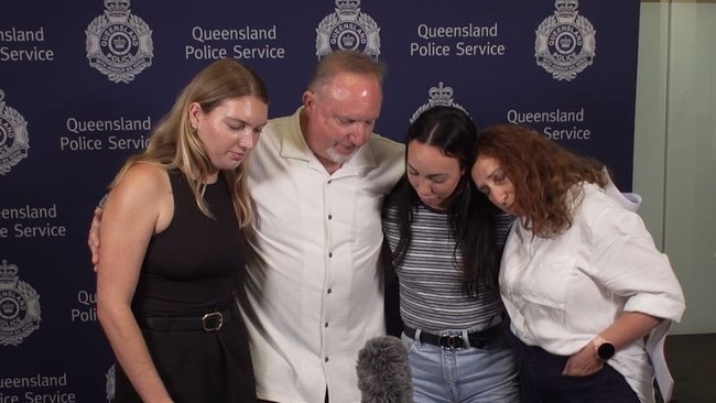 The family of Cameron Duce delivering a statement at the Gold Coast District police headquarters in Surfers Paradise. Picture: QPS.