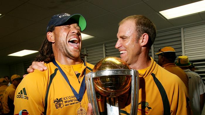 2007 World Cup. Cricket. Final. Australia v Sri Lanka. Kensington Oval, Barbados. Andrew Symonds and Matthew Hayden share a laugh in the rooms