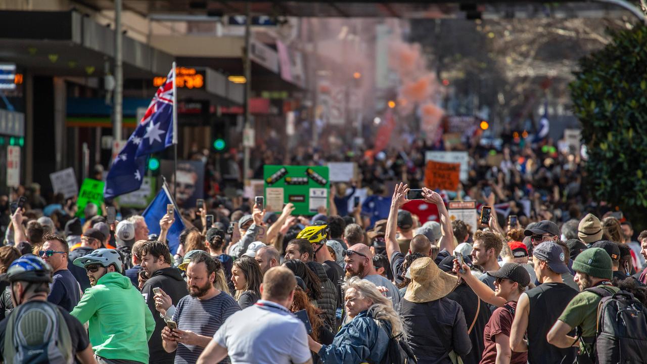 Thousands turned out for the anti-lockdown rally in Melbourne’s CBD on Saturday. Picture: NCA NewsWire/Sarah Matray