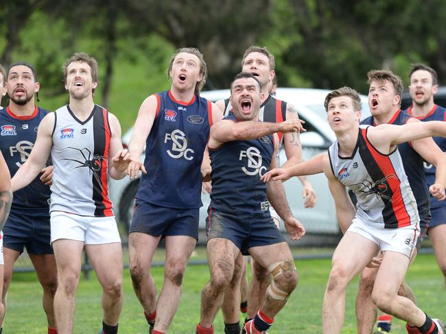 Southern FNL Division 3 Second Semi final: Springvale Districts v Hampton Park at Power Reserve. Springvale Districts #10 George Angelopoulos celebrates a goal early in the final quarter before kicking the sealer just before the final siren. Picture: AAP/ Chris Eastman