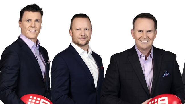 The Sunday Footy Show 2022: Matthew Lloyd, Nathan Brown, Tony Jones, Damian Barrett and Kane Cornes. Picture: Channel 9/Supplied