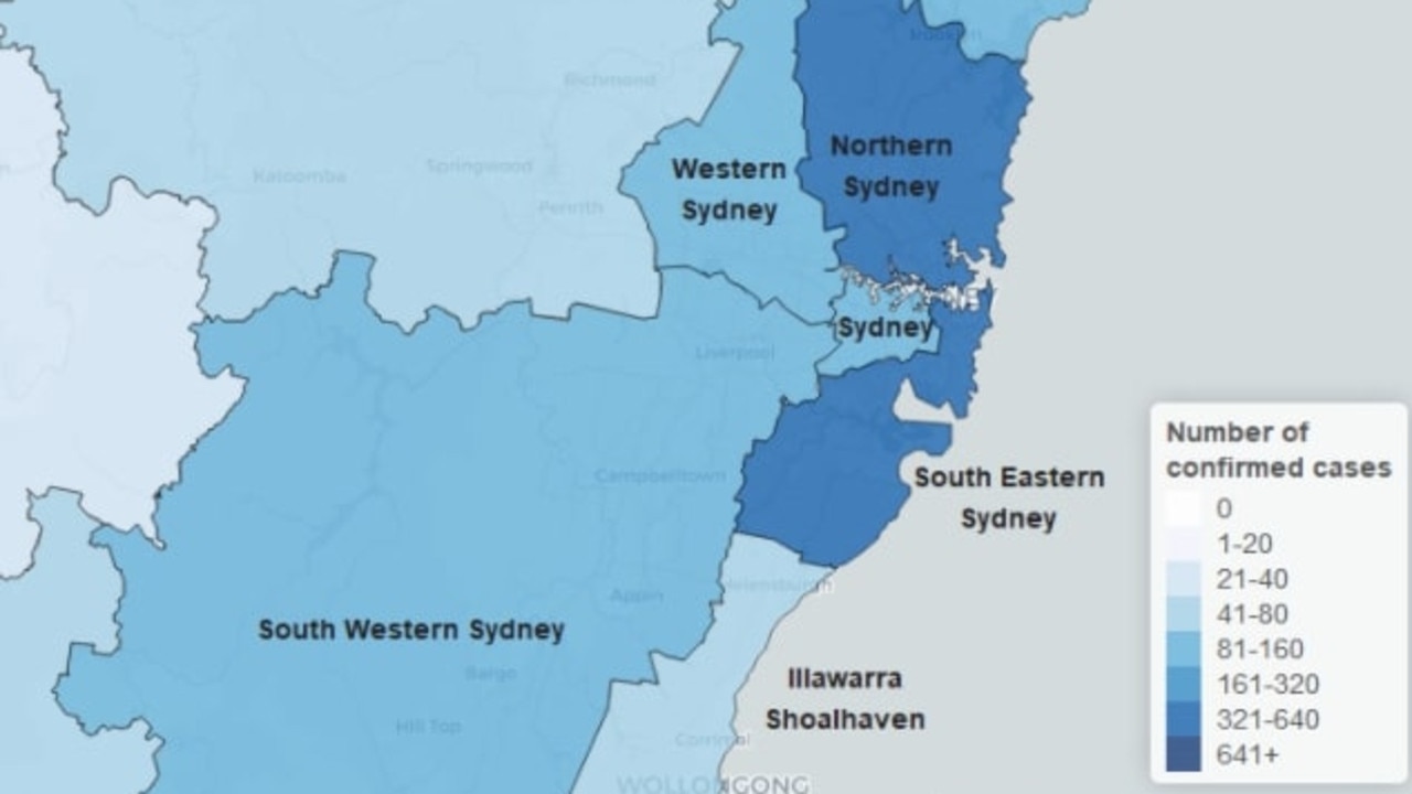 Confirmed COVID-19 cases by local health district across the Sydney Metropolitan region as of 8pm on March 29, 2020. Picture: NSW Health