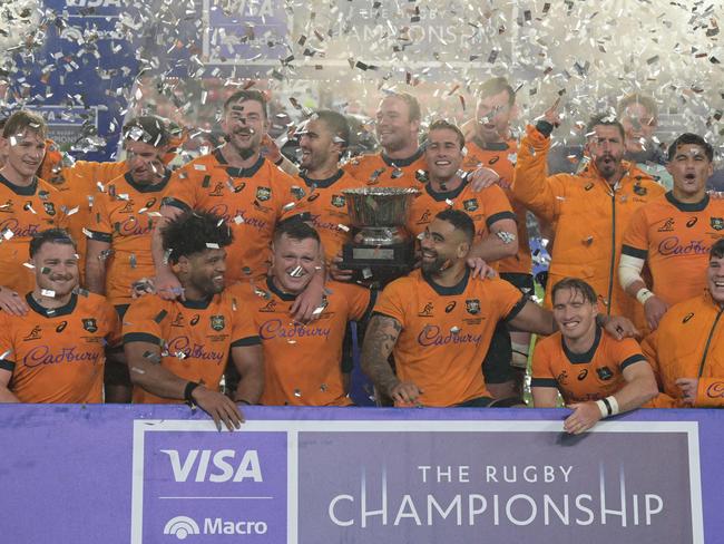 Wallabies players celebrate after defeating Argentina at Estadio UNO Jorge Luis Hirsch in La Plata, Buenos Aires. Picture: AFP