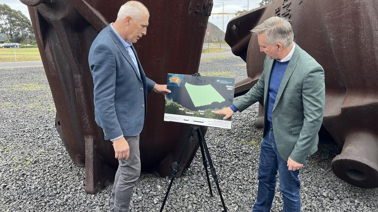 State and federal energy ministers Nick Duigan MLC and Chris Bowen announcing the commencement of consultation on a proposed 10,136 sqkm offshore wind zone in the Bass Strait. Picture: Supplied